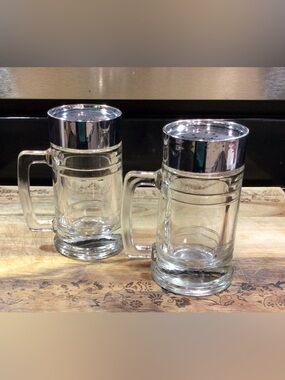 Vintage Glass Salt Pepper Shakers Mini Mug Stein Set Metal Lids Retro